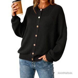 Oversized Wool Blend Cardigan Sweater Button Down Long Sleeve Crewneck